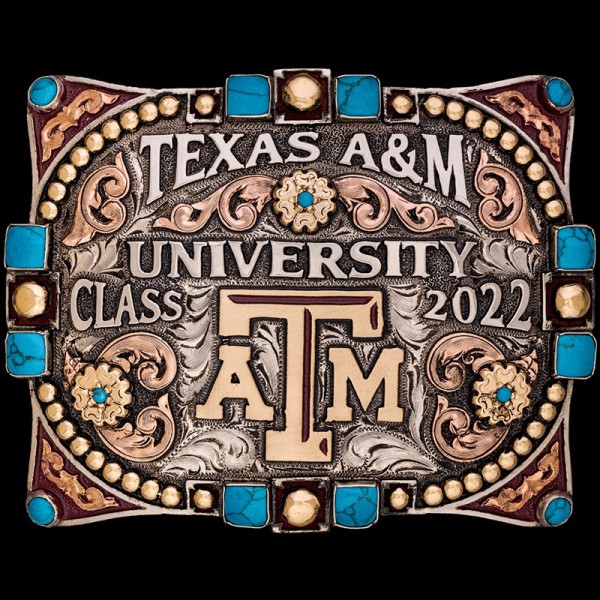 A stunning graduation buckle crafted with precision that boasts an intricate scrollwork, jewelers bronze letters, and an antique finish for timeless elegance. 